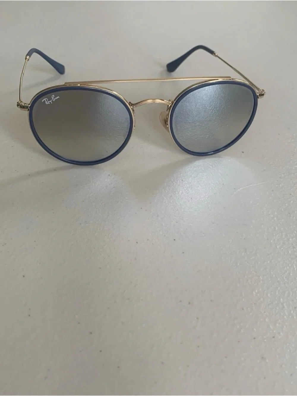Ray-Ban Round Double-Bridge Sunglasses in Blue and Gold with Blue Temple Tips